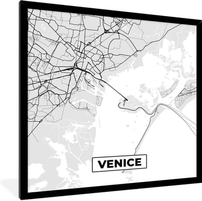 Fotolijst incl. Poster Zwart Wit- Venetië - Stadskaart - Plattegrond - Zwart Wit - Kaart - 40x40 cm - Posterlijst