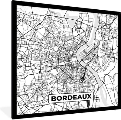 Fotolijst incl. Poster Zwart Wit- Kaart - Plattegrond - Bordeaux - Frankrijk - Stadskaart - Zwart wit - 40x40 cm - Posterlijst