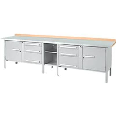 Werkbank in kastuitvoering Schäfer Shop Select PWi 300-2, ESD, beuken multiplexplaat, met stalen deksel, tot 750 kg, B 3000 x D 700 x H 840 mm, alu wit