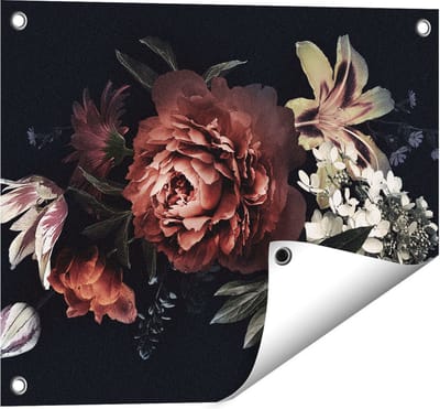 Gards Tuinposter Bloemen op een Zwart Achtergrond - 50x40 cm - Tuindoek - Tuindecoratie - Wanddecoratie buiten - Tuinschilderij