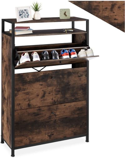 tectake® - Schoenenkast met 3 vakken - Houten schoenenrek met 3 vakken - Schoenenkantelaar met extra vak - Industrieel design - Zwart metalen frame - Afmeting (LxBxH) 81 x 30 x 130 cm - Donkerbruin