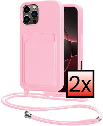 Hoes Geschikt voor iPhone 16 Pro Hoesje Pasjeshouder Cover Met Koord Case Siliconen Hoes Met Telefoonkoord en Kaarthouder - Lichtroze - 2 PACK