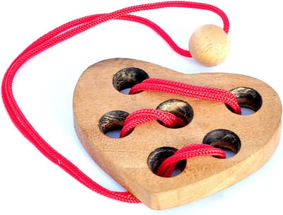 Houten Harten Puzzel - Logica Spel - Hersenkraker Oplossen - Natuurlijk Edelhout - 9x2x6 cm