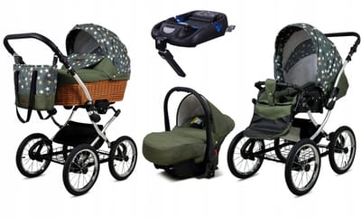 BabyLux® Kinderwagen 4in1 - CLASSIC EXCLUSIVE - OLIVE STAR SILVER FRAME - Opklapbare Wandelwagen incl. Reiswieg, Multifunctionele Buggy Sportstoel, Autostoel, ISOFIX basisstation - Combi-kinderwagen met Luiertas, Regenhoes, Klamboe
