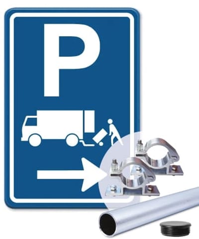Parkeerbord Laden en Lossen Pijl rechts - blauw - Weerbestendig Aluminium - 30x45 cm - Bevestiging: Met paal 150 cm + paalbeugels + paaldop