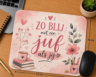 Muismat Zo Blij met een Juf als Jij – 23 x 19 cm – Cadeau voor Juf – Juffendag Cadeau – Einde Schooljaar – Roze School Design
