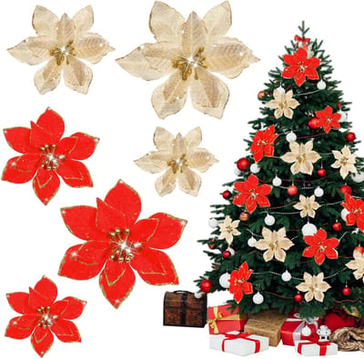 36 stuks glitter poinsettia bloemen goud rood - kerstdecoratie voor boom en krans, kunstmatige kerststerren met clips