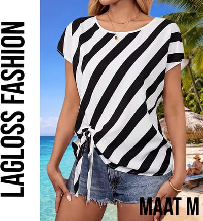 LaGloss® Zwart-Wit Gestreepte Semi-Transparante Dames Top met Strikdetails – Korte Mouw Top - Lente/Zomer/Herfst - Maat M