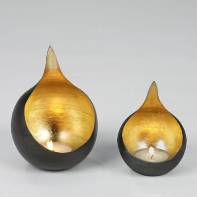 Windlicht Caldera - Lantaarn Kaarsenhouder - Romantische Sfeer Creëren - Handgemaakt Goudblad - H20.5cm/D14cm - Zwart Goud