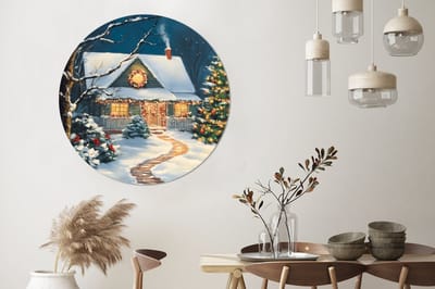 WallCircle - Wandcirkel - Muurcirkel - Kerst - Kerstboom - Winter - Huis - Sneeuw - Aluminium - Dibond - 140x140 cm - Binnen en Buiten