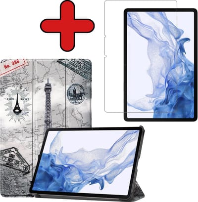 Hoesje - Geschikt voor Samsung Galaxy Tab S8 - Met Screenprotector - Hardcover Book Case - Trifold Bookcase Hoes - Hard Cover - Tablethoes - Eiffeltoren
