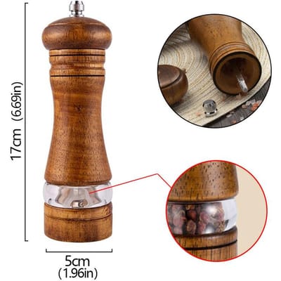 15 cm handmatige pepermolen, zoutstrooier van rubberhout en acryl, verstelbare keramische rotor, navulbare eikenhouten kruidenzoutmolen brown