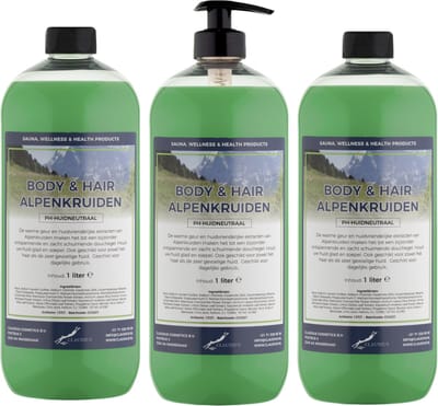 Body & Hair Alpenkruiden 1 Liter - met gratis pomp - set van 3 stuks - 2 in 1 voor lichaam en haar.