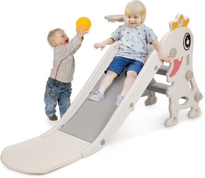 Peuter Glijbaan 3-in-1 – Opvouwbaar Speeltoestel – Glijbaan, Klimrek & Basketbalring – Wit – Voor 1-3 Jaar
