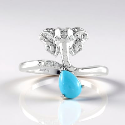 Cavill - 925 Sterling Zilver ring - Platina geplateerd - Sleeping Beauty Turkoois 0,63 ct - 0,07 ct Zirkonia - Olifantenmotief elegant