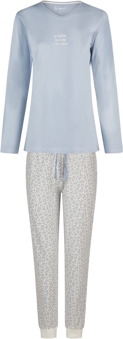 By Louise Dames Pyjama Set Lang V-Hals Blauw Gebloemd - Maat S