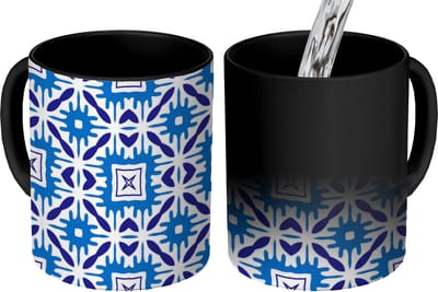 Magische Mok - Foto op Warmte Mokken - Koffiemok - Vector - Blauw - Tegels - Patronen - Magic Mok - Beker - 350 ML - Theemok