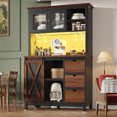 DESMIU Keukenkast - Hoge Opbergkast Met Ledverlichting En Schuifdeur - Voor Keuken En Eetkamer - Glas Metaal En MDF - 104x40x180 Cm - Zwart