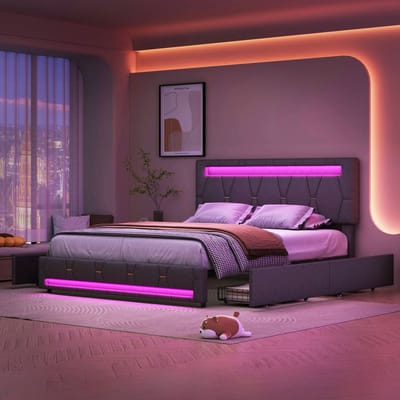 Tweepersoonsbed 160x200 cm met LED Verlichting – Gestoffeerd Hydraulisch met Lattenbodem en Hoofdeinde – Opbergbed met 4 Lades - Linnen Grijs - zonder matras