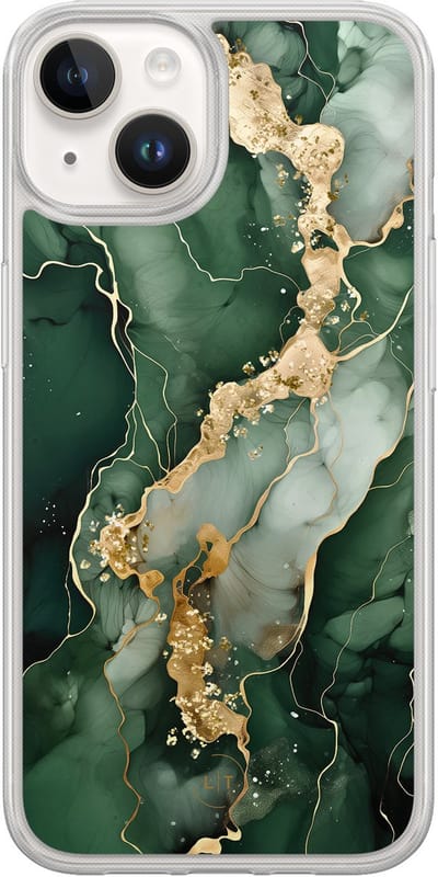 Hoesje geschikt voor iPhone 14 - Marmer groen goud - 2in1 backcover - Marmer - Groen - Leuke Telefoonhoesjes