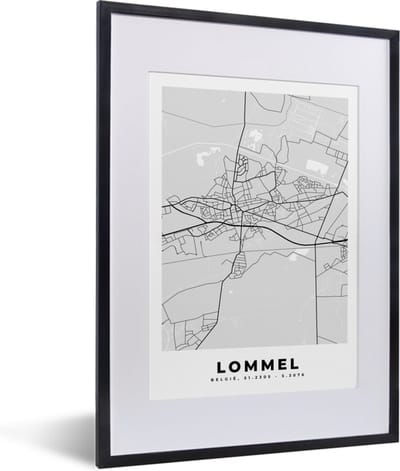 Fotolijst incl. Poster Zwart Wit- Zwart Wit – België – Plattegrond – Stadskaart – Kaart – Lommel - 30x40 cm - Posterlijst
