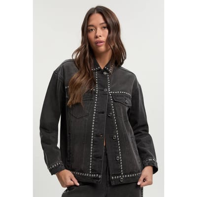 boohoo Dames Oversized denimjack met studs | Washed Black | Maat: 12