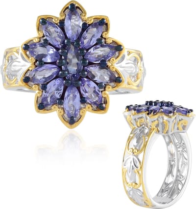 Cavill - Zilveren Damesring 925 Sterling Zilver met Palladium - Marquise Tanzaniet 1 575 ct - Luxe Bloemvormige Ring - Natuurlijk Edelsteen Sieraad