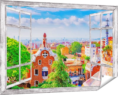 Gards Tuinposter Doorkijk Park Güell in Barcelona - Kleurrijk - 150x100 cm - Tuindoek - Tuindecoratie - Wanddecoratie buiten - Tuinschilderij