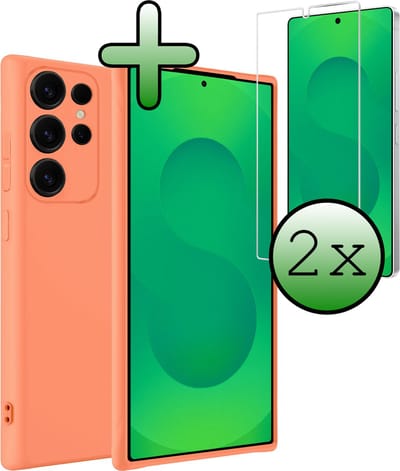Hoesje Met 2x Screenprotector - Geschikt voor Samsung Galaxy S25 Ultra - Sterk & Shockproof - Back Cover - Siliconen Case - Telefoon Hoes - Perzik