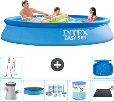 Intex Rond Opblaasbaar Easy Set Zwembad - 305 x 61 cm - Blauw - Inclusief Pomp - Afdekzeil - Onderhoudspakket - Filter - Solar Mat - Ladder - Voetenbad - 8-delig