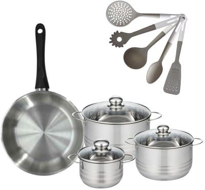 Set 1 Koekenpan 28cm & 3 Kookpannen 16/20/24cm Fackelmann Geneva met 5 keukengerei
