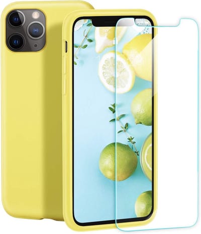 HB Hoesje en Glas Geschikt voor Apple iPhone 11 Pro - Geel - Siliconen Back Cover + 1x Glazen Screenprotector