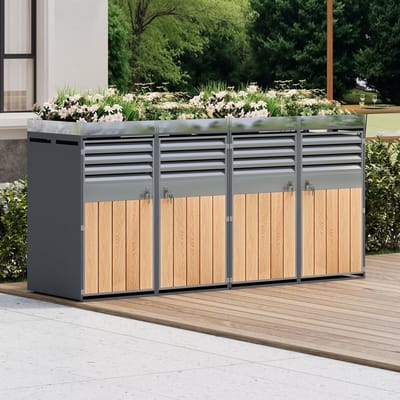 Vuilnisbakkenkast Voor 4 Containers - Met Plantenbak En Slot - Grijs