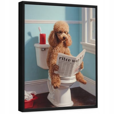 WALLARENA - Schilderij op canvas in zwarte lijst - 100x70 cm - grappige hond op toilet - wanddecoratie badkamer en toilet