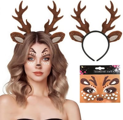 Kostuumset voor dames en kinderen met een hertenkap en glinsterende gezichtspatches, ideaal voor Halloween, carnaval en verkleedpartijen