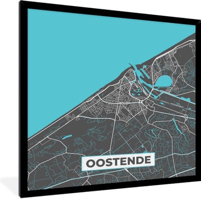 Fotolijst incl. Poster - Stadskaart – Grijs - Kaart – Oostende – België – Plattegrond - 40x40 cm - Posterlijst