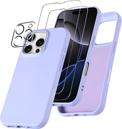 Hoesje Geschikt voor iPhone 16 Pro – Zacht siliconen liquid backcover met 2x screenprotectors gehard glas en 1x lens protector – Lila