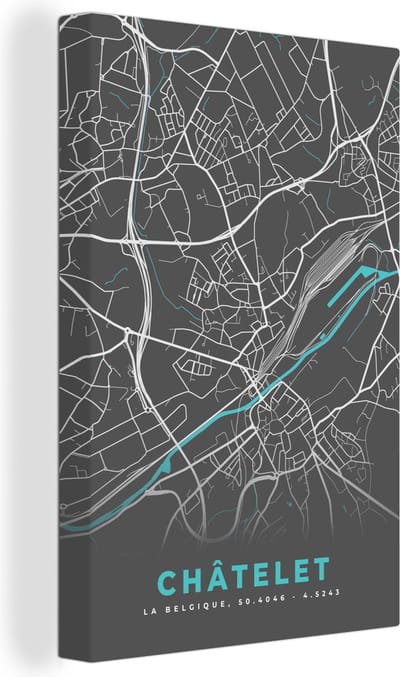 Canvas Schilderij België – Châtelet – Stadskaart – Kaart – Blauw – Plattegrond - 20x30 cm - Wanddecoratie