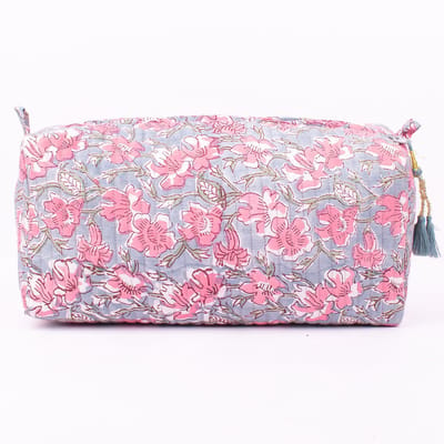 Bambooya make-up tas - Bohemian - Ibiza Style - Made in India - Tassel - lichtgrijs met roze bloemen - Small ( 17 x 12 x 7 cm )