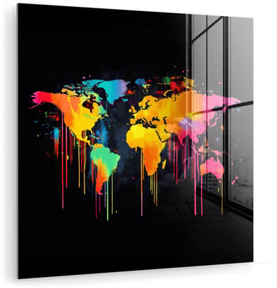 MuchoWow® Glasschilderij 50x50 cm - Schilderij acrylglas - Wereldkaart - Verf - Kleurrijk - Graffiti - Wereld - Foto op glas - Muurdecoratie woonkamer - Wanddecoratie slaapkamer - Schilderijen
