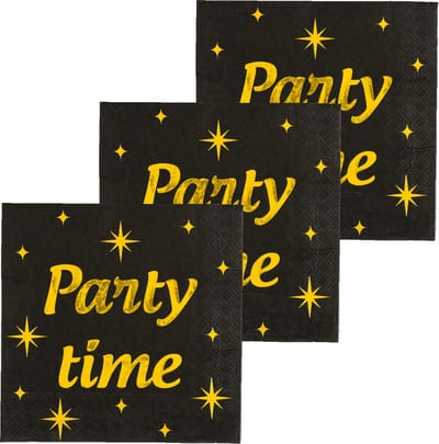 Paperdreams Verjaardag feest servetten - Party Time - 48x stuks - zwart/goud - 33 x 33 cm