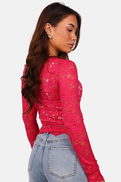Getdrezzed Top - Maat: L - Kanten top met bloemenstructuur fuchsia