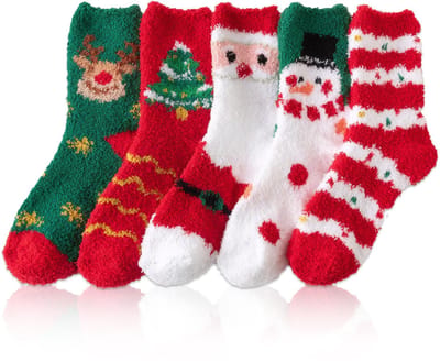 Ynkkvre - Sokken - Kerstsokken - Warme Sokken - Thuissokken - Pantoffelsokken - Katoenen Sokken - Pluizige Kerstsokken met Kerstprints - Zachte Dikke Materiaal - 5 Feestelijke Designs - Universele Elastische Maat - Ideaal Kerstcadeau