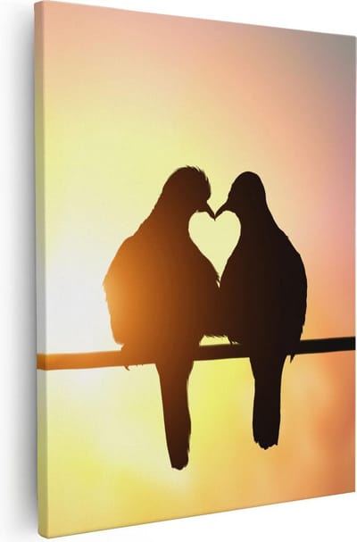 Artaza Canvas Schilderij Vogels Hart - 80x100 cm - Groot - Wanddecoratie Liefde - Muurdecoratie Zonsondergang - Schilderijen Op Canvas