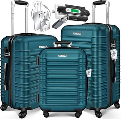 KESSER® 3x Koffer, reiskofferset, trolleykoffer harde kofferset incl. bagageweegschaal + bagagelabel rollend kofferslot 4 wielen ABS harde schaal telescopisch handvat M-L-XL - Petrol