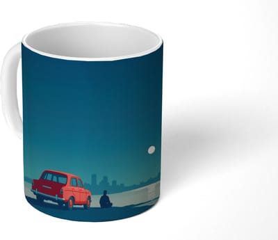 Mok - Koffiemok - Auto - Volle maan - Uitkijkend over water - Mokken - 350 ML - Beker - Koffiemokken - Theemok