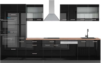 Vicco R-Line Keukenblok – 350 cm met hoge kast, WB Eik Hoogglans zwart/antraciet