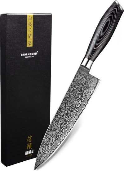 Shinrai Knives - Koksmes 20 cm - Koksmes - Damascus Mes - Damast Pakka Wood - Met Luxe Geschenkdoos - Keukenmes - Japans Hakmes