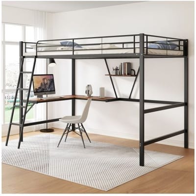 Verhoogd slaapgedeelte - MUVOE - 90x200cm - Zwart metaal - L-vormig bureau - Geïntegreerde boekenkast zwart