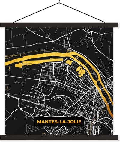 Posterhanger incl. Poster 60x60 cm - Schoolplaat - Stadskaart - Frankrijk - Plattegrond - Mantes-la-Jolie - Kaart - Textielposter - Zwarte latten - Stadskaart